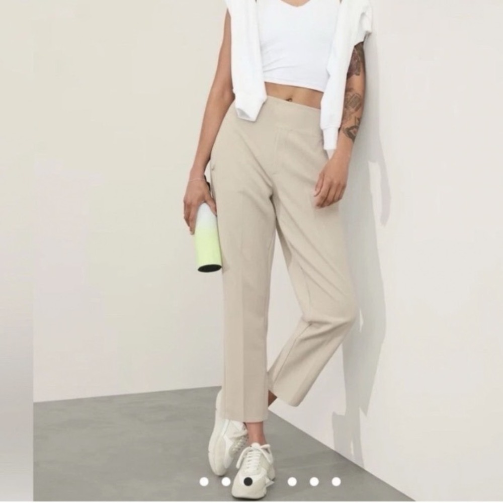 Athleta Endless High Rise Pants Beige Tapered Ankle Work Travel Pockets Sz 8